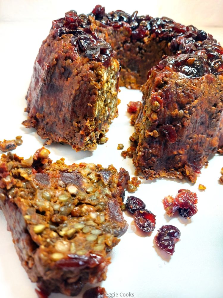 Vegan Cranberry and Lentil bake with slice cut