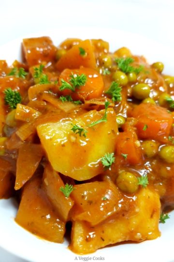 Vegan Irish Stew in a white bowl