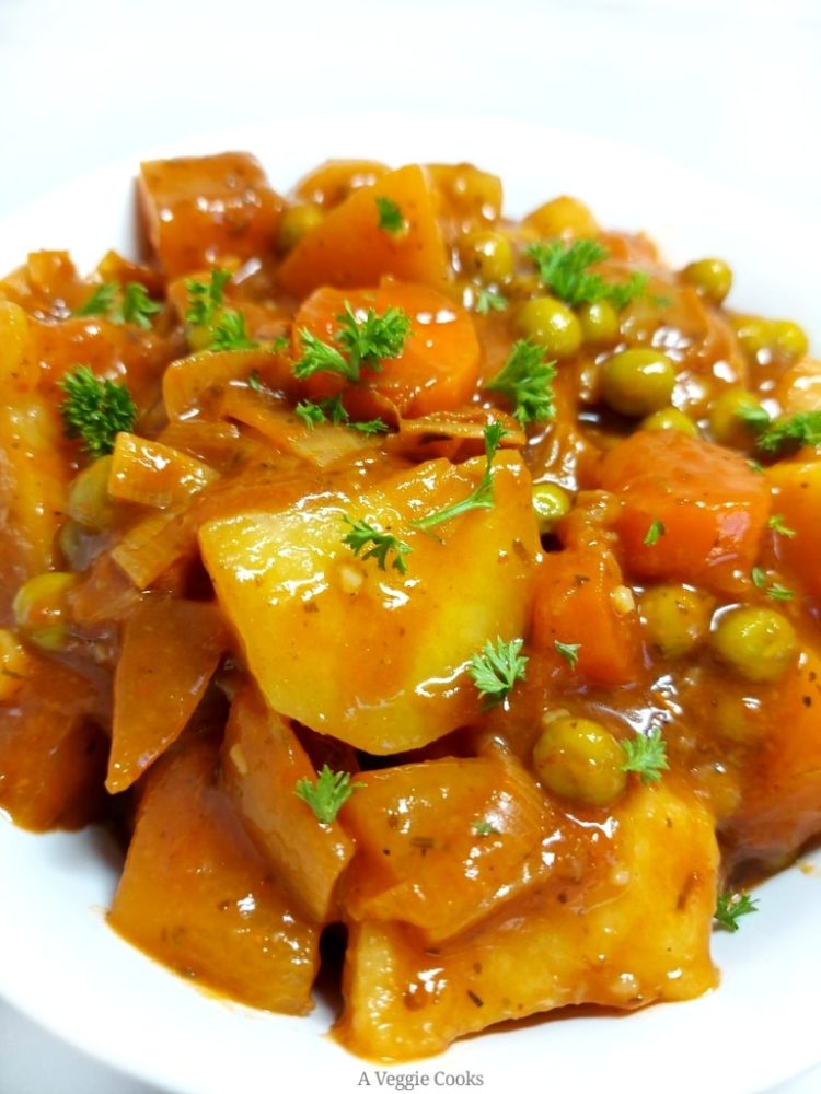 Vegan Irish Stew in a white bowl