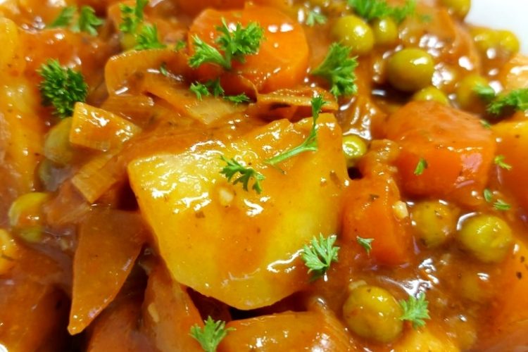 Vegan Irish Stew in a white bowl