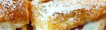 Puff pastry filled with vegan cream, strawberries and strawberry jam
