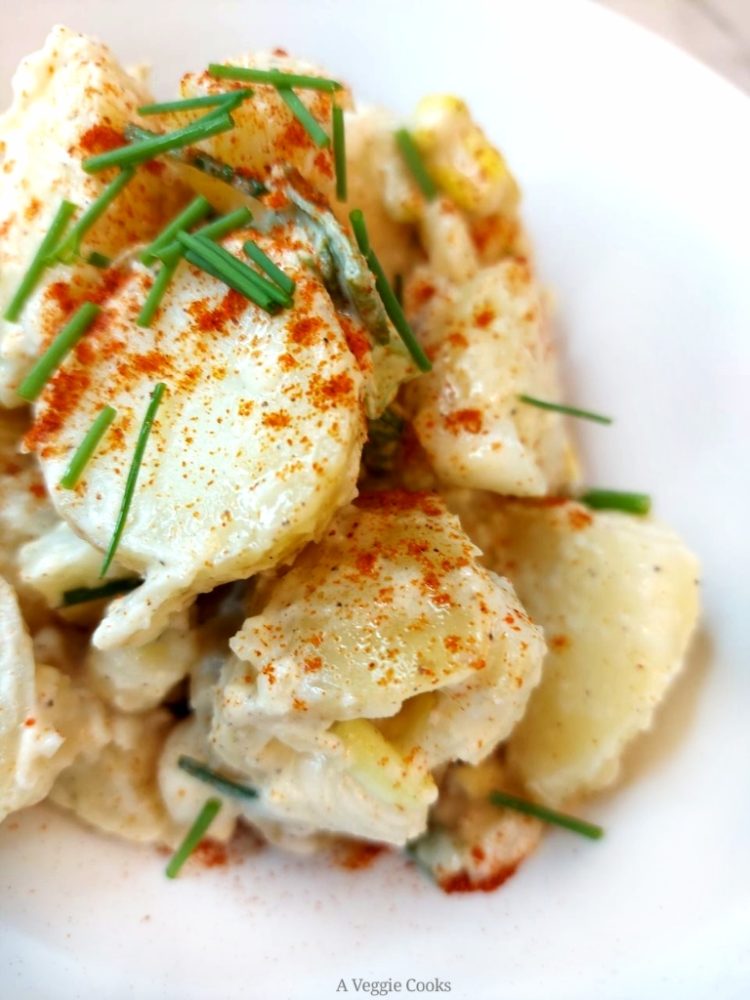 Vegan Potato Salad in a white bowl