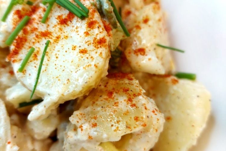 Vegan Potato Salad in a white bowl