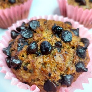 Vegan Banana and Chocolate muffins on a white background