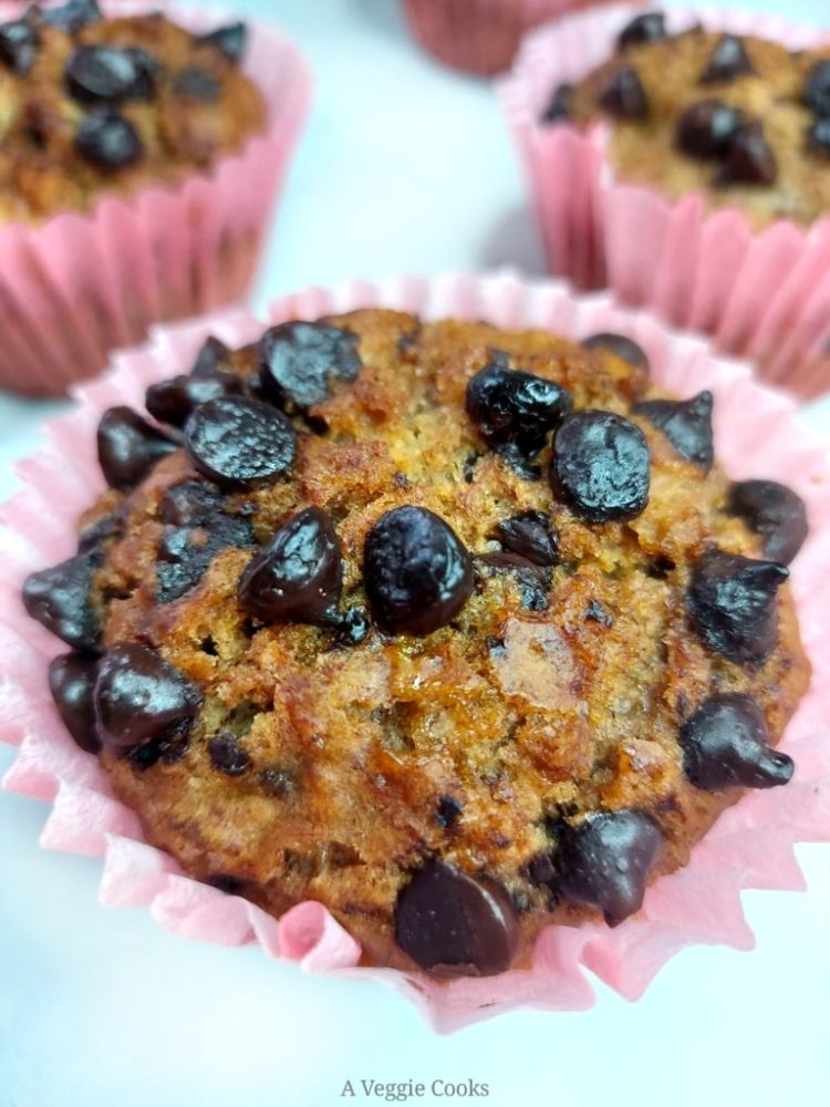 Vegan Banana and Chocolate muffins on a white background