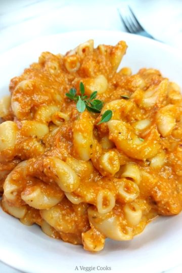 Pasta in a bowl with roast Vegetable Pasta Sauce
