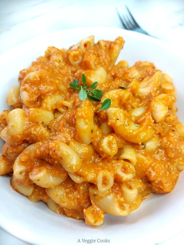 Pasta in a bowl with roast Vegetable Pasta Sauce