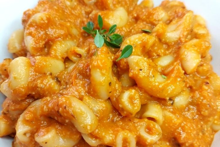 Pasta in a bowl with roast Vegetable Pasta Sauce
