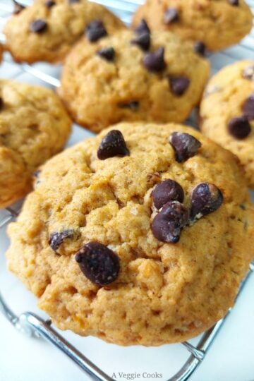 Sweet potato chocolate chip cookies on a wire tray