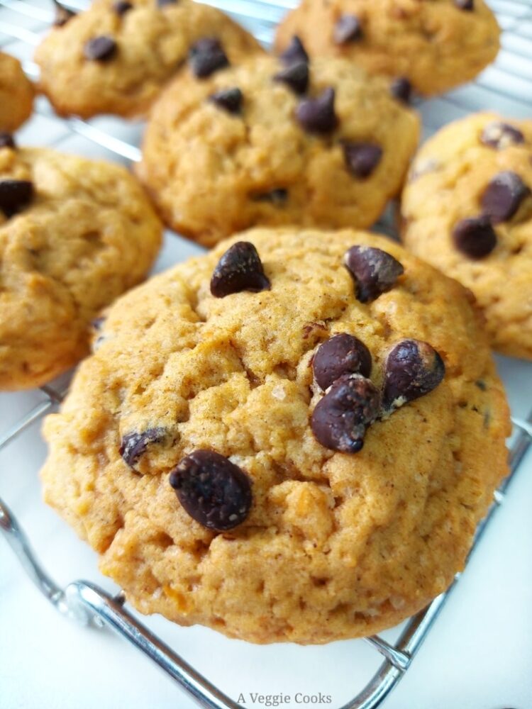Sweet potato chocolate chip cookies on a wire tray