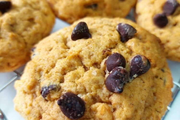Sweet potato chocolate chip cookies on a wire tray