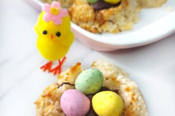 Vegan Coconut Macaroons topped with chocolate and candy eggs