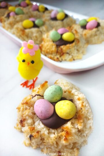 Vegan Coconut Macaroons topped with chocolate and candy eggs