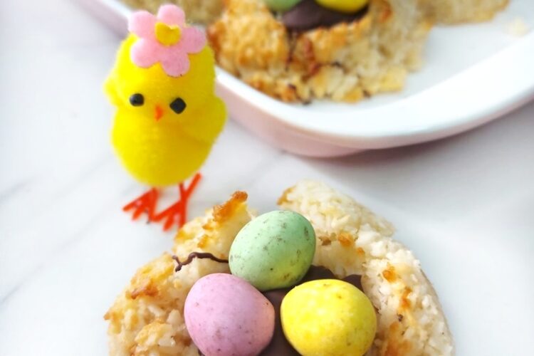 Vegan Coconut Macaroons topped with chocolate and candy eggs
