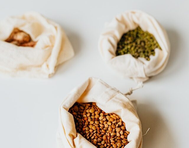 Lentils in cloth bags on a table