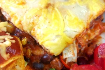 Portion of vegan Tortilla Casserole with nachos, tomatoes and sliced avacado