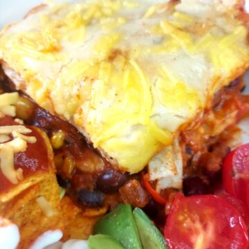 Portion of vegan Tortilla Casserole with nachos, tomatoes and sliced avacado