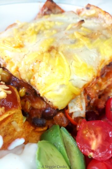 Portion of vegan Tortilla Casserole with nachos, tomatoes and sliced avacado