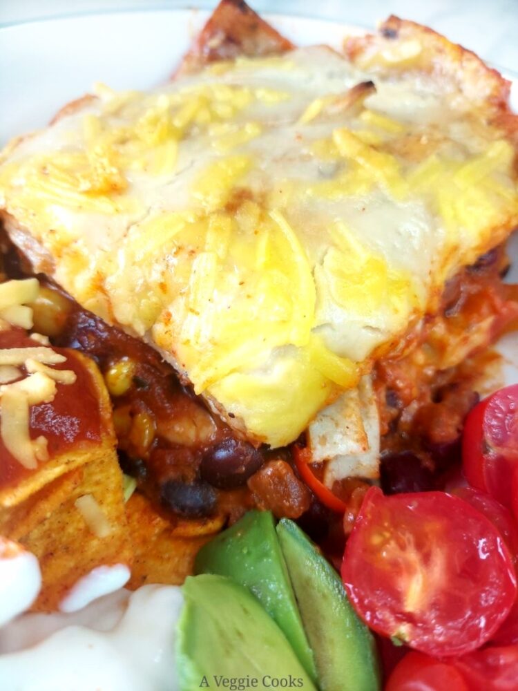 Portion of vegan Tortilla Casserole with nachos, tomatoes and sliced avacado