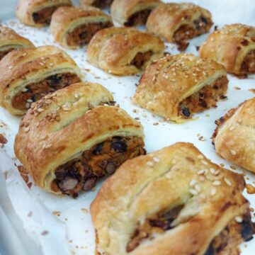 Vegan Sausage Rolls on a baking tray