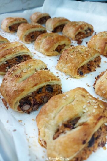 Vegan Sausage Rolls on a baking tray